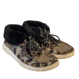 Hey Dude Women's Tan Black Leopard High Top Fur Tie Slip On Shoes Comfort Size 6